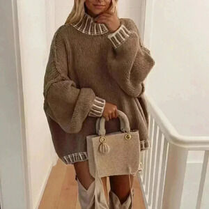 Khaki Casual Women's Oversized Drop Shoulder Long Sleeve Round Neck Sweater